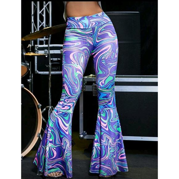XL Retro Stretchy Pants Blacklight Trippy Rave Festival Flares - Picture 10 of 10